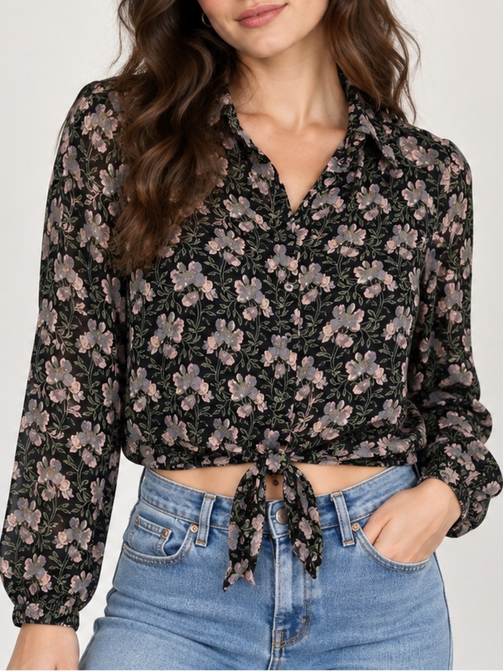 PAIGE Dark Floral Tie-Front Blouse Size M Romantic Fall Top